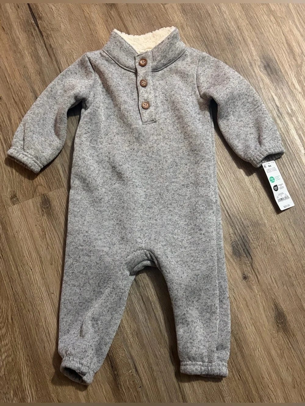 Carter’s - Cozy Grey Sherpa Lined Collar Baby Fleece Romper -Size 9 Months
